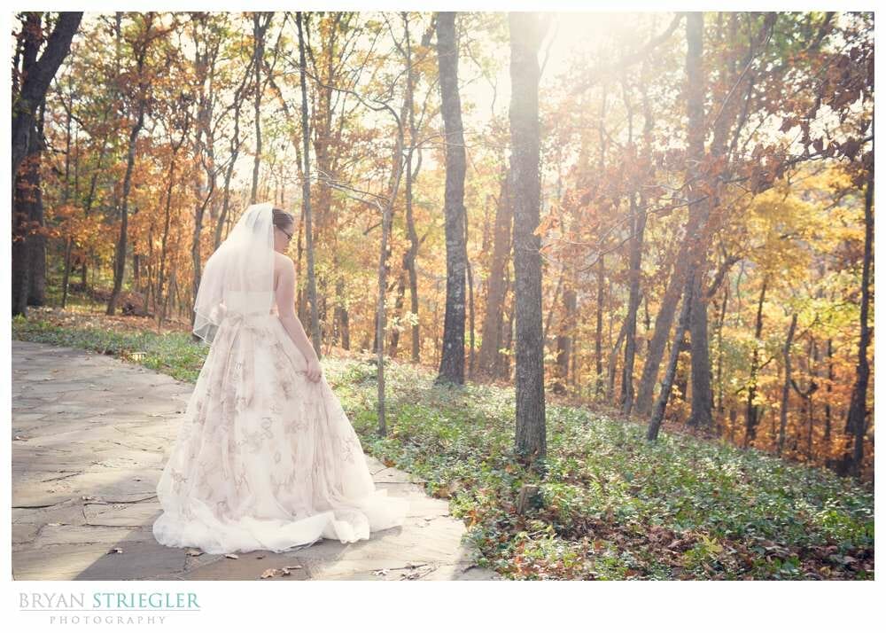 Eureka Springs Wedding Photographer bride with sun and trees Thornecrown chapel