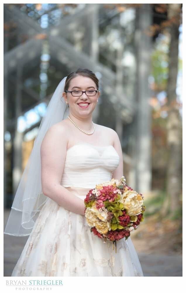 Eureka Springs Wedding Photographer bride in front of Thorncrown chapel