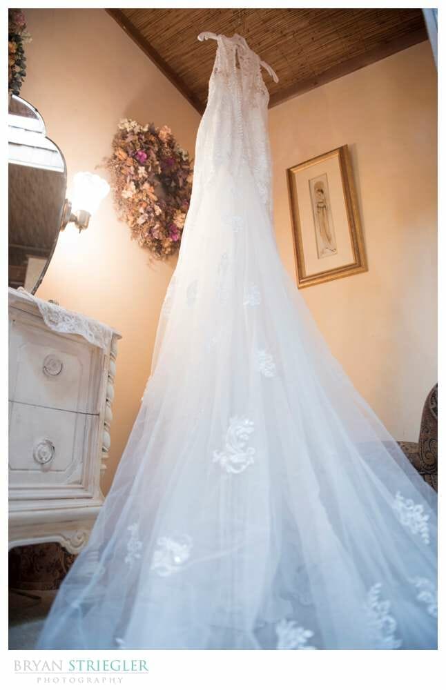 wedding dress hanging in bridal suite at St. Catherine's at Bell Gable