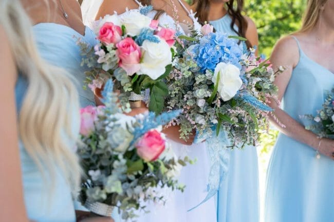 wedding flowers with light blue and light pink