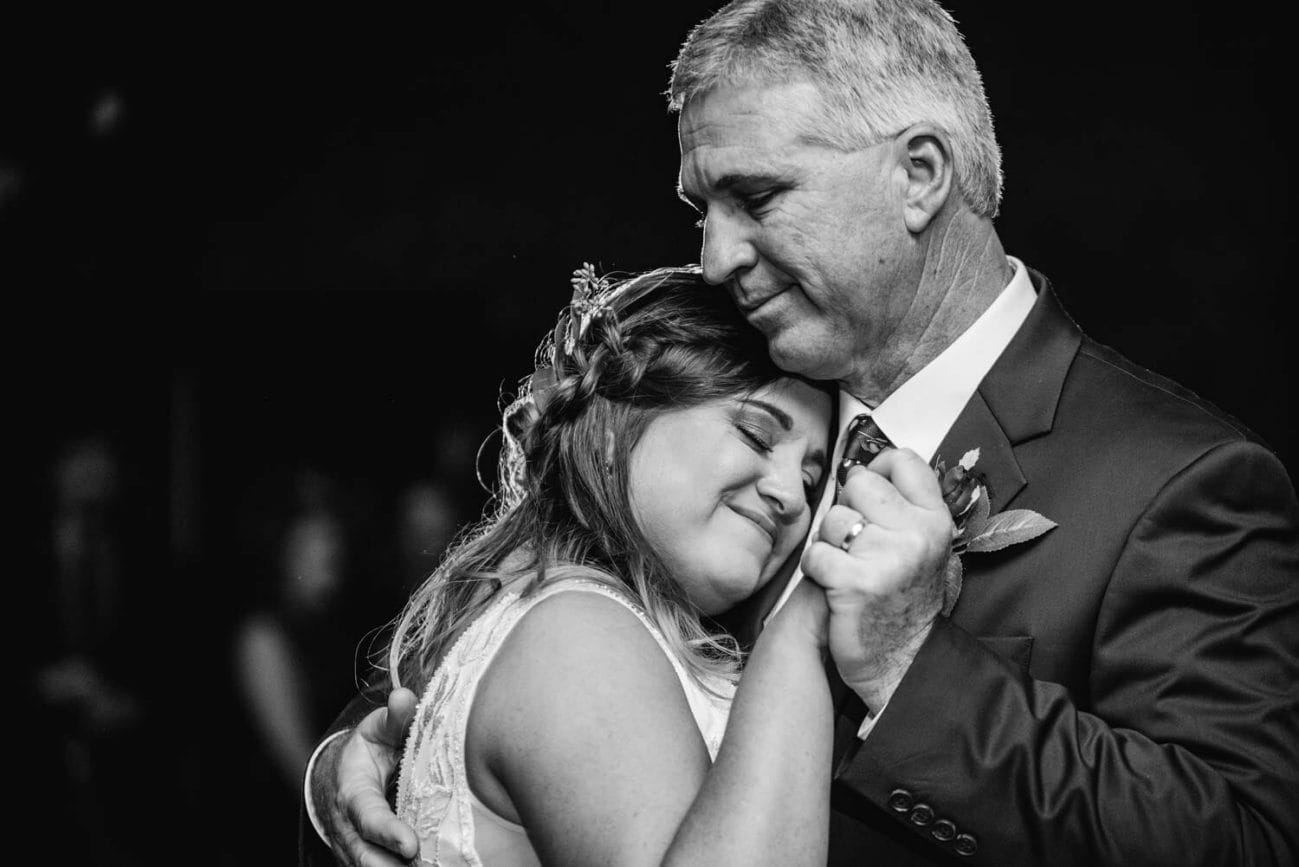 bride hugging father during dance