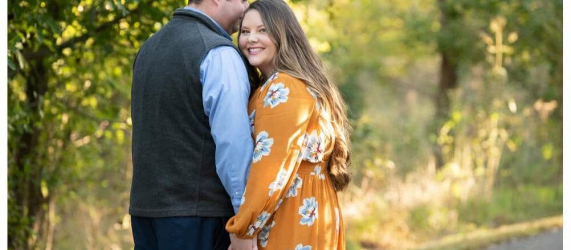 engagement photo with bright dress