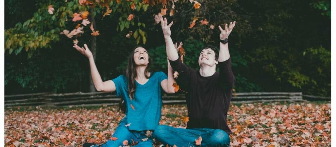 engagement photo with leaves