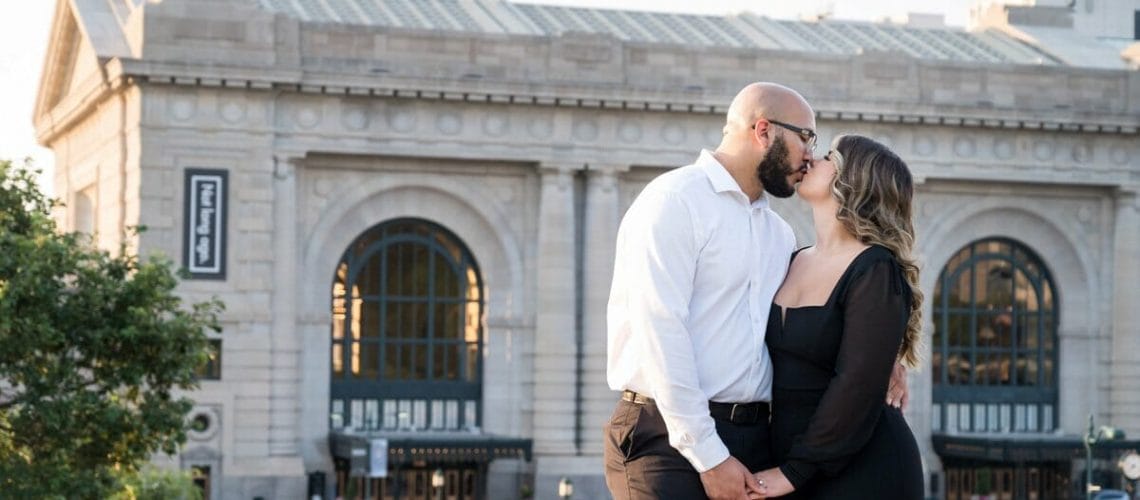engagement photos in front of Union Station in Kansas City