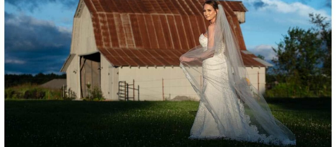 bride with barn